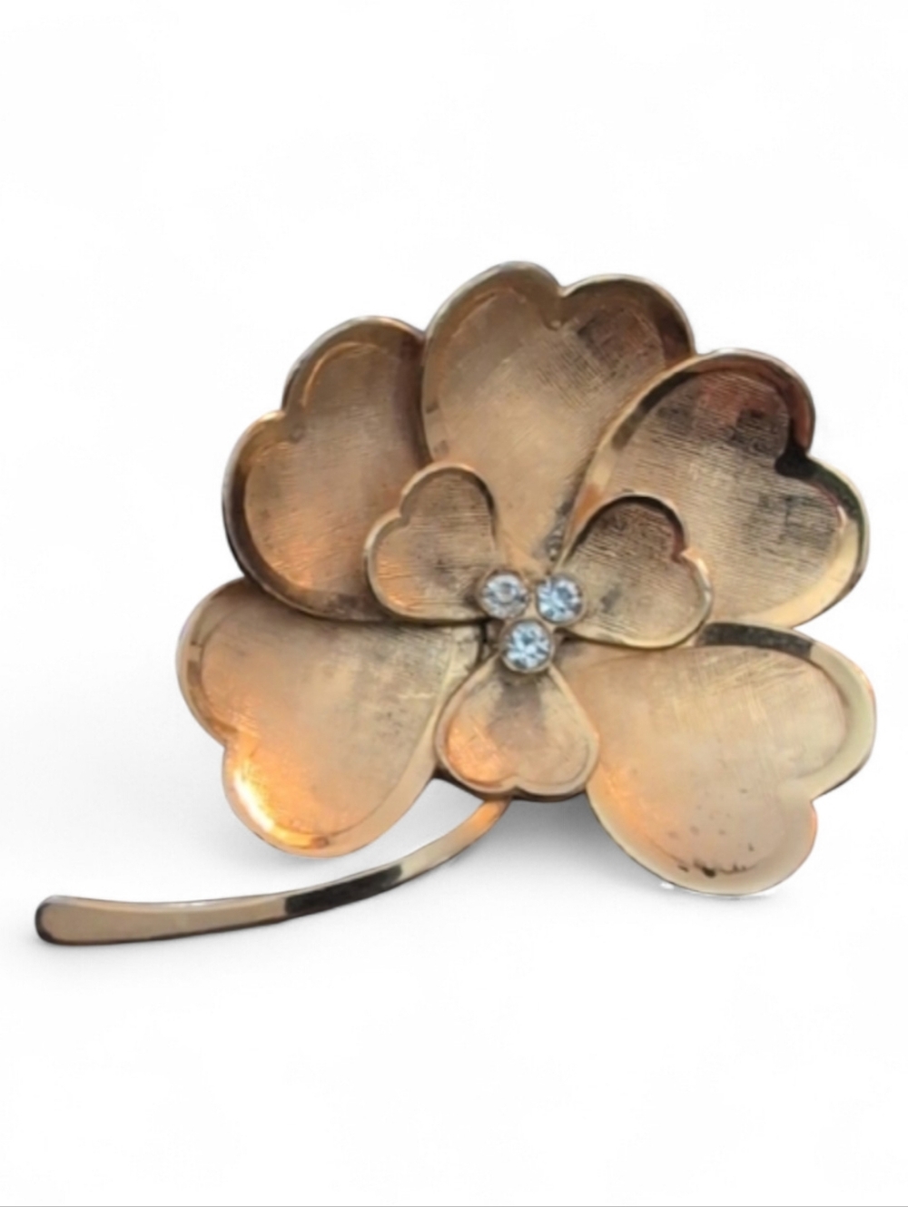 Vintage Bond Boyd 12K Gold Filled Layered Heart Clover Flower Brooch Rhinestone